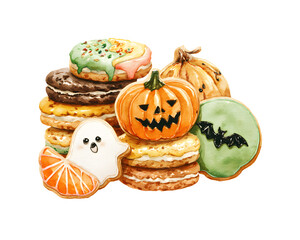 Watercolor style Halloween cookies stacked. Features cute ghost, pumpkin, bat. Ideal for posters, greeting cards, branding.