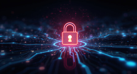 Data protection technology concept: A glowing red padlock serves as a focal point within a dynamic digital landscape of blue illuminated circuit pathways and nodes, representing secure network connect