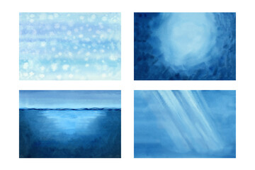 Set of seascapes of calm blue sea with waves, underwater part, blue soft sky. Watercolor background template for use in calming posters, meditation apps, invitations, screensavers, ocean decor