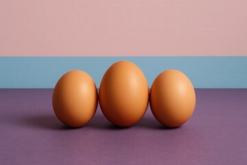 Three orange spheres rest on a purple surface against a gradient background of pink and blue hues