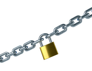 Locked Metal Chain Holding Credit Cards and Digital Password Symbols