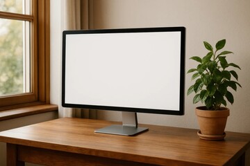 Fototapeta premium A serene workspace with a blank monitor and a potted plant on a wooden desk by a window
