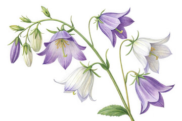 Delicate campanula flowers in shades of lavender and white isolated on transparent background