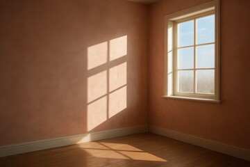 sunlight streams through a window onto a warmly toned room with wooden flooring