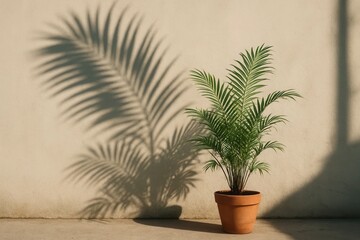 A lone palm plant casts a gentle shadow on a textured beige wall, embodying tranquility and the quiet strength of nature