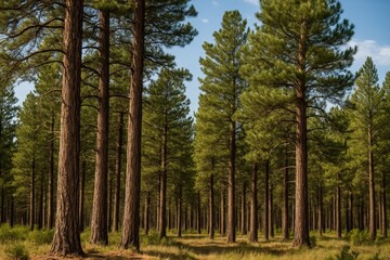 Fototapeta premium A serene forest of tall pine trees under a clear blue sky