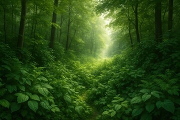 Obraz premium A Serene Forest Pathway in the Dawn of Day