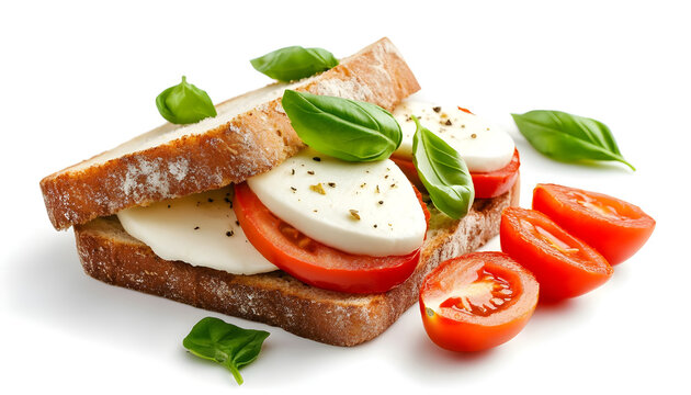 Delicious sandwich with mozzarella cheese, tomatoes and basil isolated on white