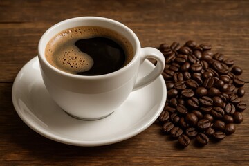 Fototapeta premium A Perfect Cup of Black Coffee with a Side of Rich Roasted Beans