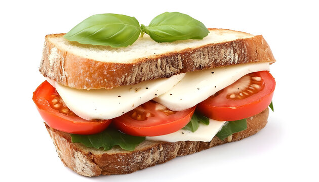 Delicious sandwich with mozzarella cheese, tomatoes and basil isolated on white