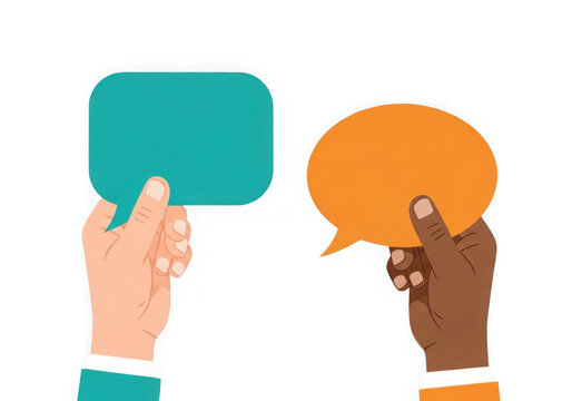 Two diverse hands holding speech bubbles for communication and dialogue isolated on transparent background