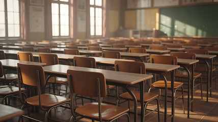 A moody and realistic interior shot of an empty, classic classroom with rows of old desks and chairs, evoking a sense of nostalgia.
