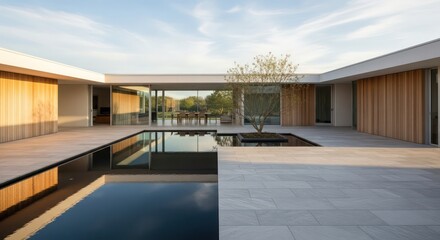 Fototapeta premium Modern Courtyard Design with Reflecting Pool and Minimalist Architecture