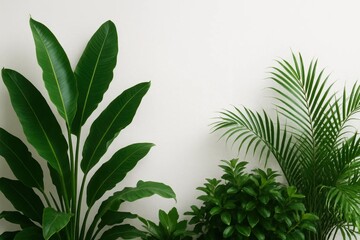 Fototapeta premium A Serene Corner of Lush Green Plants Against a White Wall