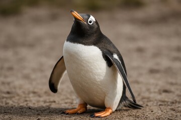 Naklejka premium A penguin stands on rocky terrain with its wings slightly spread, showcasing a striking contrast of black and white feathers against a muted background