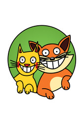 Illustration of a cat and a fox inside a circle