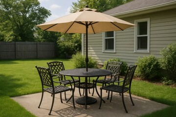 Obraz premium A serene outdoor setting with a black metal patio table surrounded by matching chairs under a large beige umbrella, set against a backdrop of lush greenery and a quaint house