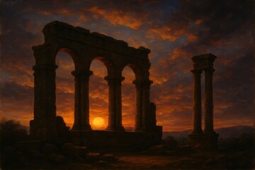 Fototapeta premium Silhouetted against the fiery sky, a solitary temple stands as a testament to ancient civilizations, its columns reaching out into the dramatic twilight