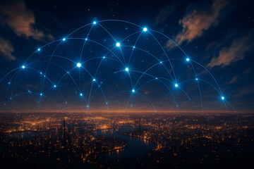 Connected Cityscape at Night with Glowing Network of Communication and Data