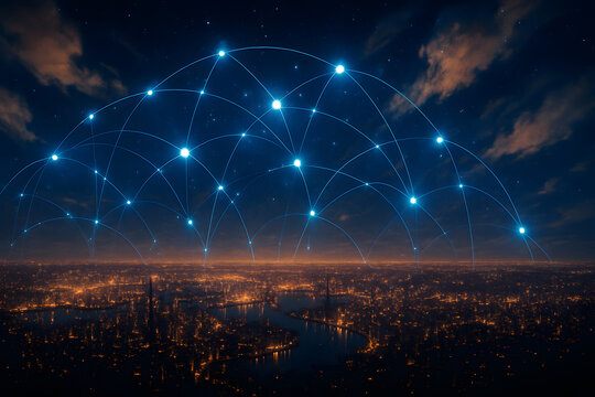 Connected Cityscape at Night with Glowing Network of Communication and Data
