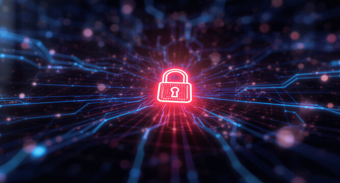 Digital network security visualization: A bright red padlock icon glows intensely amidst intricate patterns of blue light trails and data points on a dark, futuristic grid.  - Powered by Adobe