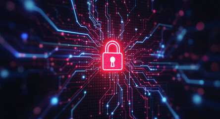 Digital network security visualization: A bright red padlock icon glows intensely amidst intricate patterns of blue light trails and data points on a dark, futuristic grid. 