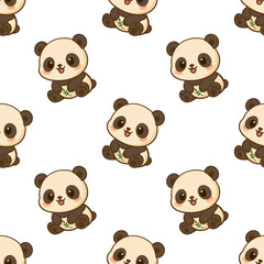 Cute kawaii panda with green leaf seamless pattern in a playful and minimal cartoon design