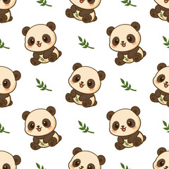 Obraz premium Cute kawaii panda with green leaf seamless pattern in a playful and minimal cartoon design