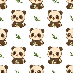 Obraz premium Cute kawaii panda with green leaf seamless pattern in a playful and minimal cartoon design