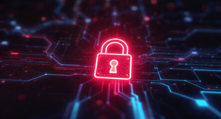 Digital network security visualization: A bright red padlock icon glows intensely amidst intricate patterns of blue light trails and data points on a dark, futuristic grid.