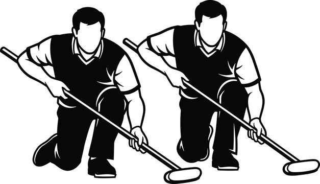 Curling sweepers silhouette and outline, kneeling position, broom sweeping action, winter sport teamwork, ice arena competition, Olympic curling match, precision technique