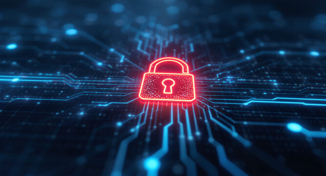 Digital network security visualization: A bright red padlock icon glows intensely amidst intricate patterns of blue light trails and data points on a dark, futuristic grid. 