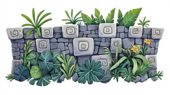 Illustration of a tropical stone wall adorned with vibrant plants and intricate carvings, showcasing nature's beauty.