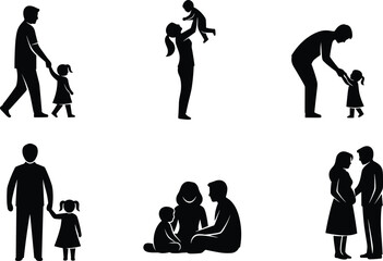 Family silhouettes set, parents and children, holding hands, lifting child, sitting together, pregnant couple, love, care, unity, interaction scenes, vector illustration