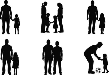 Family silhouettes set, parents and children, holding hands, playing soccer, standing together, interaction scenes, love, care, unity, handshake, vector illustration