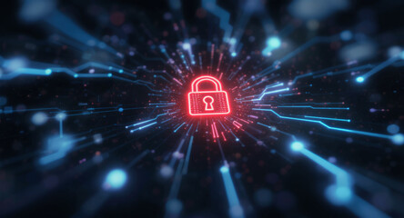 Digital network security visualization: A bright red padlock icon glows intensely amidst intricate patterns of blue light trails and data points on a dark, futuristic grid. 