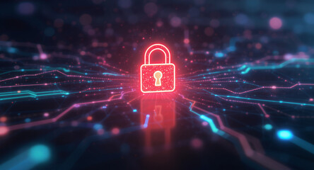 Digital network security visualization: A bright red padlock icon glows intensely amidst intricate patterns of blue light trails and data points on a dark, futuristic grid. 