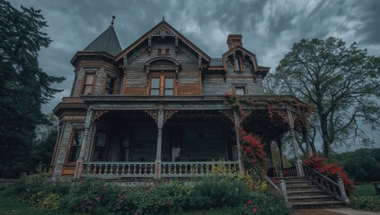 A weathered victorian house with a porch and overgrown garden under a cloudy sky in the daytime