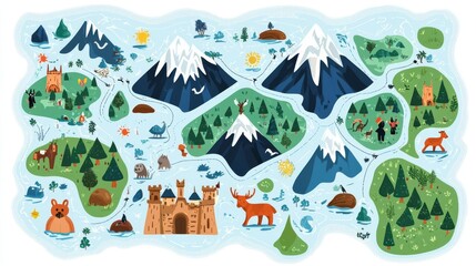 Fototapeta premium A colorful illustrated map featuring mountains, forests, and animals, perfect for adventure and exploration themes.