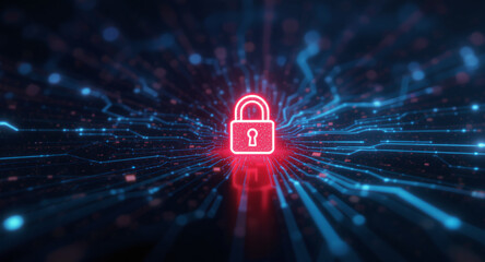 Digital network security visualization: A bright red padlock icon glows intensely amidst intricate patterns of blue light trails and data points on a dark, futuristic grid. 