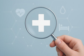 Obraz premium Hand holding magnifying glass focusing on medical cross symbol, surrounded by healthcare icons.