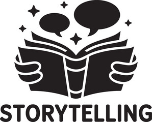 Immersive Storytelling Illustration with Book, Hands, Stars, and Speech Bubbles Design