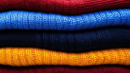 Stacked Colorful Knitted Sweaters Displaying Texture and Warmth in Close-Up View