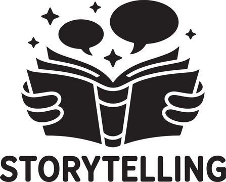 Immersive Storytelling Illustration with Book, Hands, Stars, and Speech Bubbles Design