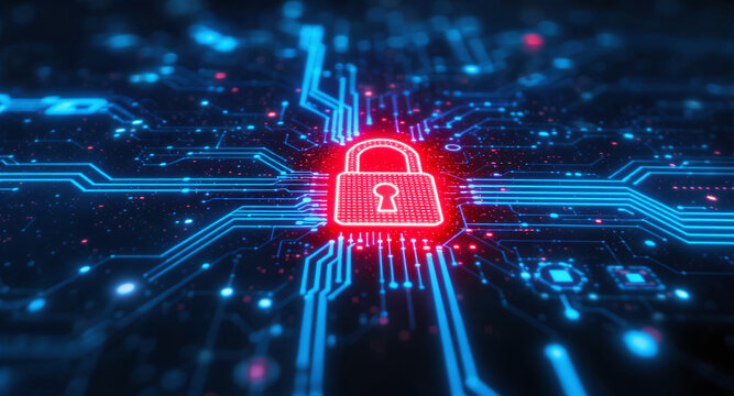 Digital network security visualization: A bright red padlock icon glows intensely amidst intricate patterns of blue light trails and data points on a dark, futuristic grid.  - Powered by Adobe