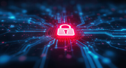 Digital network security visualization: A bright red padlock icon glows intensely amidst intricate patterns of blue light trails and data points on a dark, futuristic grid.