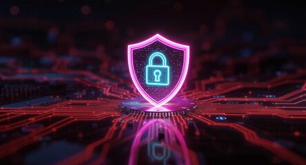 Digital firewall visualization: A brightly glowing shield, with a pink outline and a blue padlock icon inside, acts as a central hub on a complex motherboard. Glowing red data lines flow towards it.