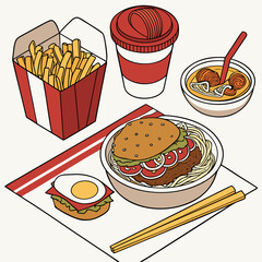 Fried Chicken, Noodles, and Fries in a Casual Dining Setting