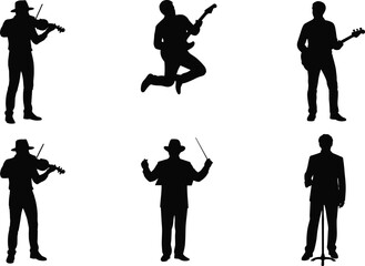 Silhouettes of musicians playing violin, guitar, bass, conducting, and singing, black figures on white background, diverse musical performance scene