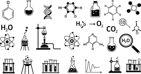 A collection of various black and white chemistry and science related icons and diagrams displayed